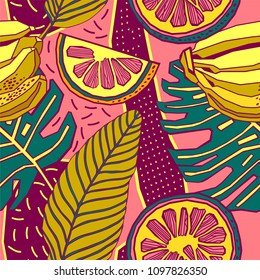 Seamless hand drawn tropical vector pattern with bright flowers, fruits and exotic palm leaves.