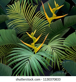 Nahtlose handgezeichnete tropische Vektormuster mit Vogel aus Paradiesblumen und exotischen Palmenblättern auf dunklem Hintergrund. Vektorhintergrund.