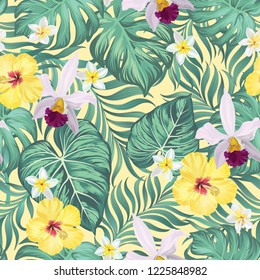 	
Seamless hand drawn tropical vector pattern with bright hibiscus flowers and exotic palm leaves on dark background.