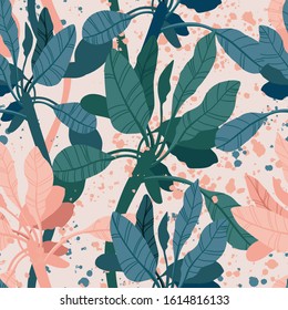 Seamless hand drawn tropical vector pattern with exotic palm leaves and various plants on light background.