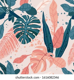 Seamless hand drawn tropical vector pattern with exotic palm leaves and various plants on light background.