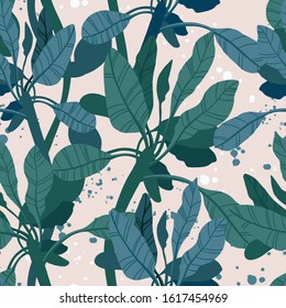 Seamless hand drawn tropical vector pattern with exotic palm leaves and various plants on light background.