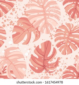 Seamless hand drawn tropical vector pattern with exotic palm leaves and various plants on light background.