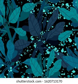 Seamless hand drawn tropical vector pattern with exotic palm leaves and various plants on dark blue indigo background.