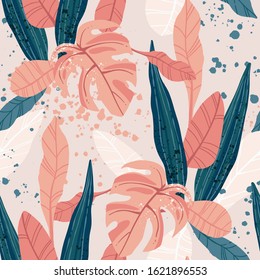 Seamless hand drawn tropical vector pattern with exotic palm leaves and various plants on light background.