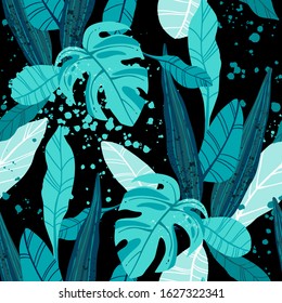 Seamless hand drawn tropical vector pattern with exotic palm leaves and various plants on dark blue indigo background.