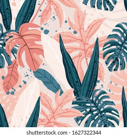 Seamless hand drawn tropical vector pattern with exotic palm leaves and various plants on light background.