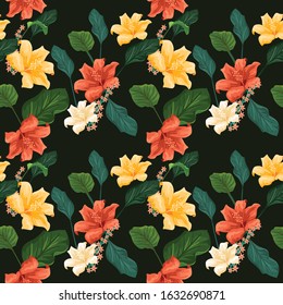 Seamless hand drawn tropical vector pattern with bright hibiscus flowers and exotic palm leaves on dark background.