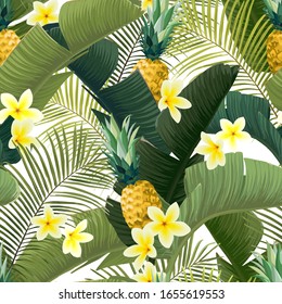 Diseño vectorial tropical sin inconvenientes con hojas de palma de plátano exóticas, flores frangipani, piñas y varias plantas sobre fondo blanco.