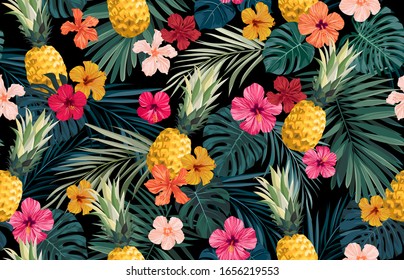 Seamless hand drawn tropical vector pattern with exotic palm leaves, hibiscus flowers, pineapples and various plants on dark background.