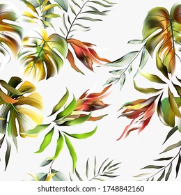 Seamless hand drawn tropical vector pattern with exotic palm leaves.