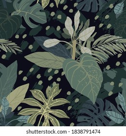 Seamless hand drawn tropical vector pattern with monstera and exotic palm leaves on dark background. Dusty green palette, fabric or surface design.