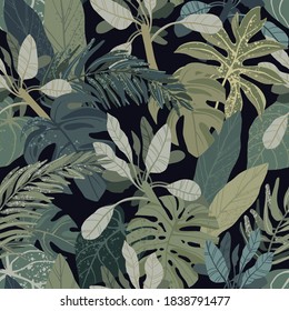 Seamless hand drawn tropical vector pattern with monstera and exotic palm leaves on dark background. Dusty green palette, fabric or surface design.