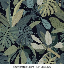 Seamless hand drawn tropical vector pattern with monstera and exotic palm leaves on dark background.