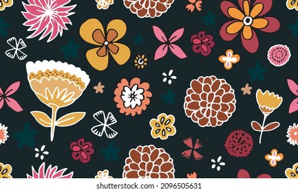 Seamless hand drawn tropical vector pattern with chrysanthemum, hibiscus flowers, bell flower,cherry blossom and various plants on dark background.