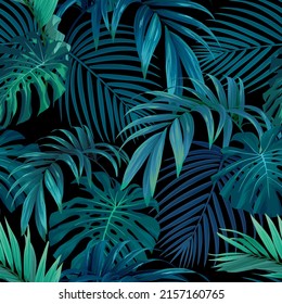 Seamless hand drawn tropical vector pattern with monstera palm leaves on dark background.