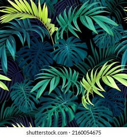 Patrón vectorial tropical dibujado a mano sin foco con hojas de palma monstera sobre fondo oscuro.