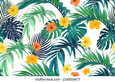 Seamless hand drawn tropical vector pattern with bright hibiscus flowers and exotic palm leaves.