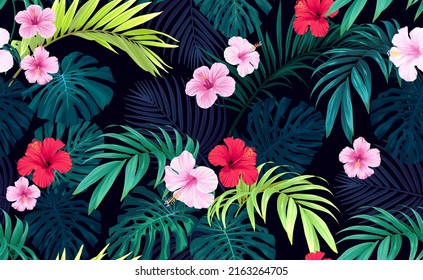 Seamless hand drawn tropical vector pattern with bright hibiscus flowers and exotic palm leaves on dark background.