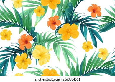Patrón vectorial tropical dibujado a mano sin inconveniente con flores de hibisco brillantes y hojas de palmera exóticas.