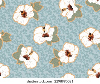 Seamless hand drawn tropical vector pattern with bright hibiscus flowers layer on line wave texture background ,Design for fashion , fabric, textile, wallpaper, wrapping and all prints on light blue