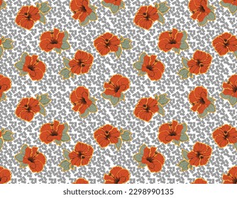 Seamless hand drawn tropical vector pattern with bright hibiscus flowers layer on line wave texture background ,Design for fashion , fabric, textile, wallpaper, wrapping and all prints 