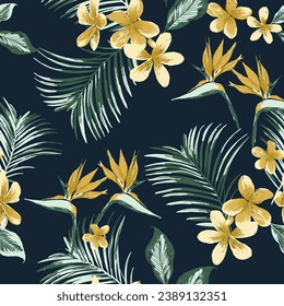 Seamless hand drawn tropical vector pattern with bright hibiscus flowers and exotic palm leaves.