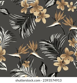 Seamless hand drawn tropical vector pattern with bright hibiscus flowers and exotic palm leaves.