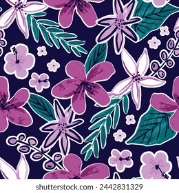 seamless hand drawn tropical vector hibiscus Hawaiian pattern on dark background. For girls, ladies, kids and teens fashion and swimwear.  High summer repeat illustration