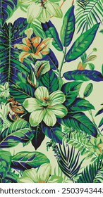 Seamless hand drawn tropical vector pattern with bright hibiscus flowers and exotic palm leaves on dark background.