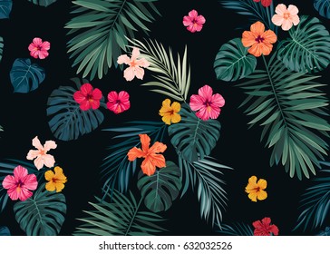 Seamless hand drawn tropical vector pattern with bright hibiscus flowers and exotic palm leaves on dark background. - Shutterstock ID 632032526