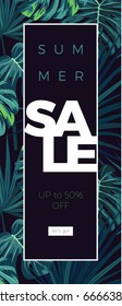 Seamless hand drawn tropical vector pattern with hibiscus flowers and exotic palm leaves on dark background.