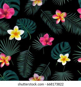 Seamless hand drawn tropical vector pattern with orchid flowers and exotic palm leaves on dark background. 