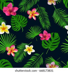 Seamless hand drawn tropical vector pattern with orchid flowers and exotic palm leaves on dark background. 