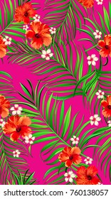 Seamless hand drawn tropical vector pattern with bright hibiscus flowers and exotic palm leaves on the pink background.