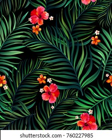 	
Seamless hand drawn tropical vector pattern with realistic hibiscus flowers and exotic palm leaves on dark background.