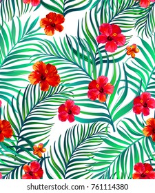 	
Seamless hand drawn tropical vector pattern with hibiscus flowers and exotic palm leaves on white background.