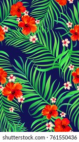 	
Seamless hand drawn tropical vector pattern with bright hibiscus flowers and exotic palm leaves on colored background.