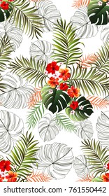 	
Seamless hand drawn tropical vector pattern with bright hibiscus flowers and exotic palm leaves on colored background.