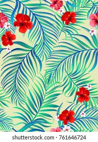 	
Seamless hand drawn tropical vector pattern with bright hibiscus flowers and exotic palm leaves on light background.Template for print design.