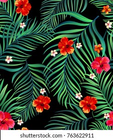 	
Seamless hand drawn tropical vector pattern with bright hibiscus flowers and exotic palm leaves on dark background. Stock illustration.