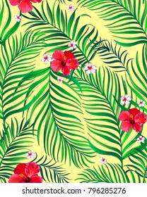 	
Seamless hand drawn tropical vector pattern with bright hibiscus flowers and exotic palm leaves on dark background.
