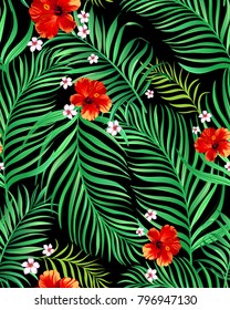 	
Seamless hand drawn tropical vector pattern with hibiscus flowers and exotic palm leaves.Stock vector illustration.