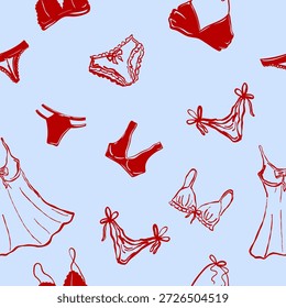 Seamless hand drawn underwear pattern with lingerie elements including bras, panties, nightgowns and bows in red tones on light blue background. Playful vector illustration.