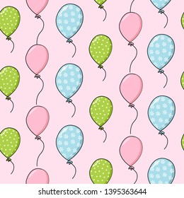 Seamless Hand Drawn Vectoe Pattern With Cute  Baloons And Cactus In Kids Colors. Funny Endless Texture With Doodle Childish Elements Blue Red Green On Pink Background