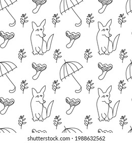 Seamless hand drawn vector autumn pattern on white isolated background.Print with corgi dog, mushrooms,blueberries,umbrella in doodle style with black line.Design for wrapping paper,packaging.