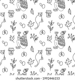 Nahtlose handgezeichnete Vektorgrafik Herbstmuster auf weißem, isoliertem Hintergrund.Drucken mit Mädchen, Ästen, Äpfeln, Marmeladen, Blättern, Katze im Doodle-Stil mit schwarzer Linie.Design für Verpackungspapier, Textilien, Verpackung.