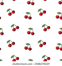 Seamless Hand Drawn Vector Cartoon Cherries With Leaf Design Pattern White BG