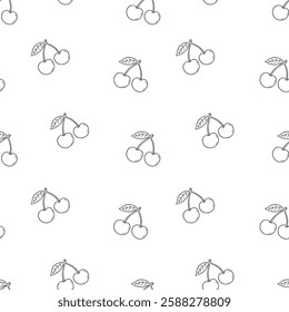 Seamless Hand Drawn Vector Cartoon Cherries With Leaf Design Pattern Line Art White BG