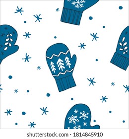 Seamless hand drawn vector christmas  pattern. Blue mitten illustartion with snowflakes background for packaging, wrapping, wallpaper on white
